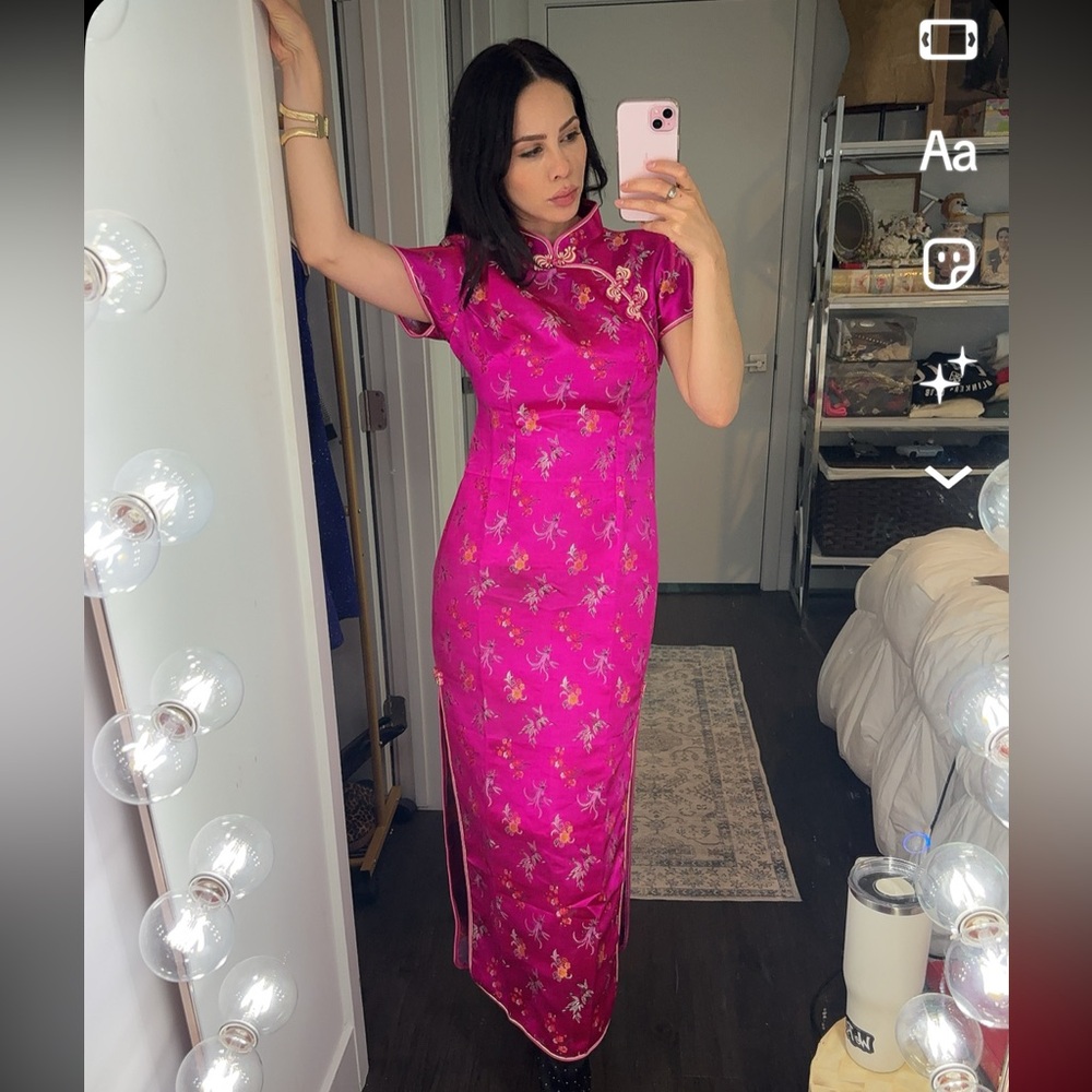 Vntg Elegant Asian  Pink Floral Women's Dress